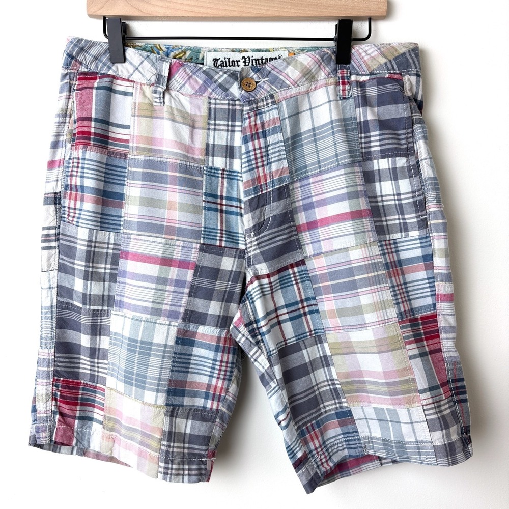 Tailor Vintage Patchwork Madras Shorts Mens 32 Preppy Ivy Coastal Plaid Summer